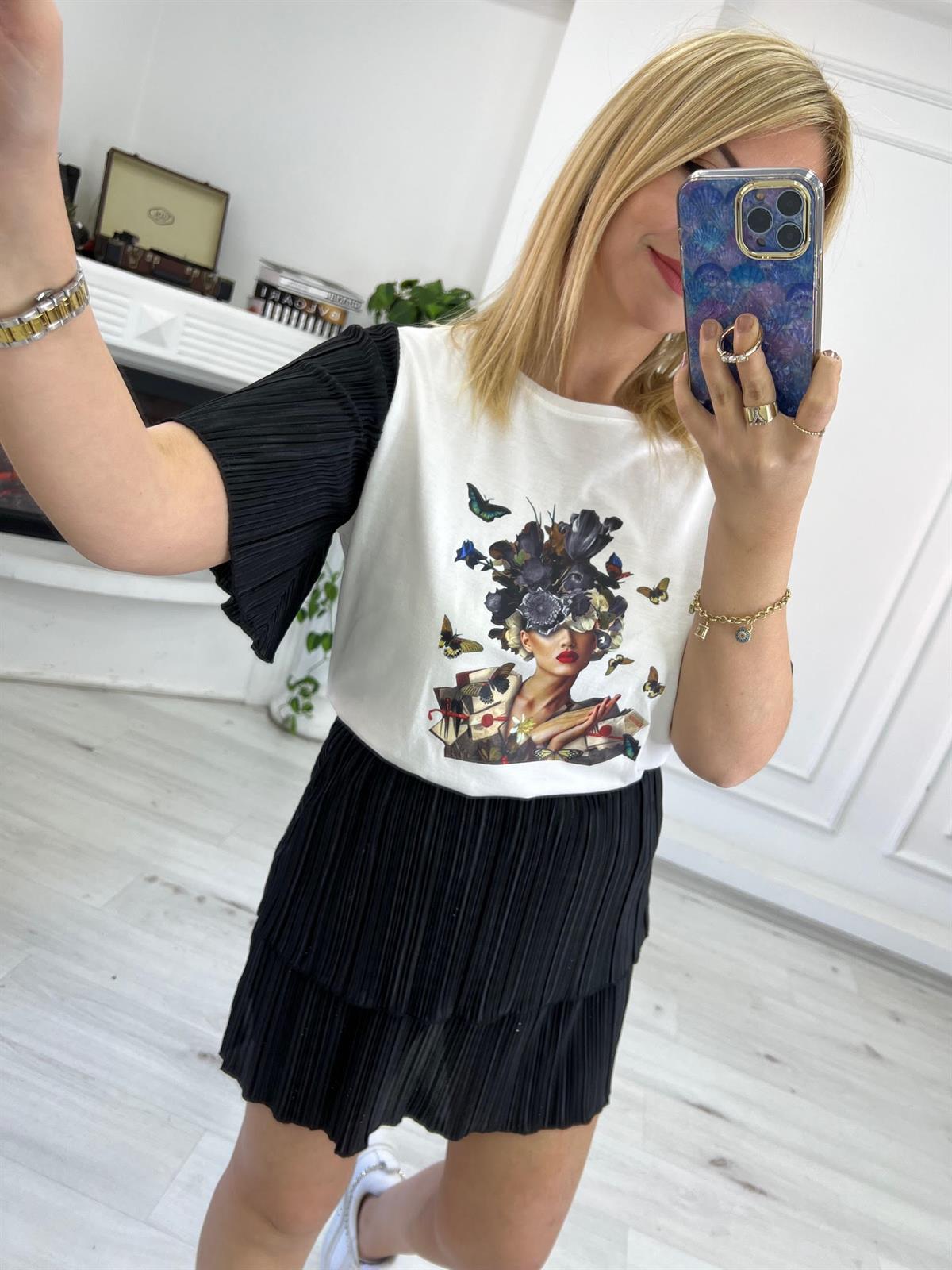 27646 Kolları Krinkıl Detay Tshirt SİYAH