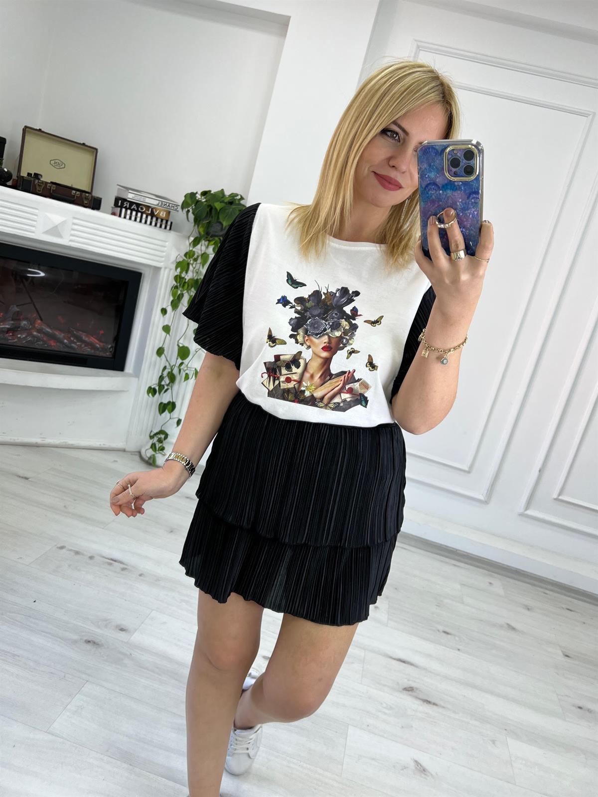 27646 Kolları Krinkıl Detay Tshirt SİYAH