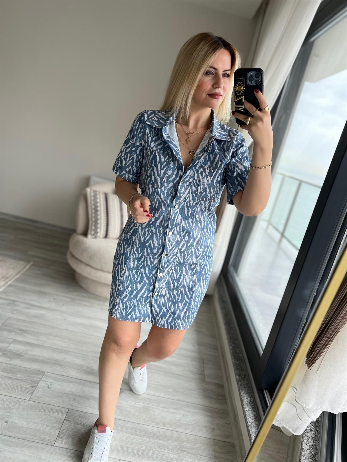 27885 Gömlek Yaka Kısa Kollu Elbise MAVİ