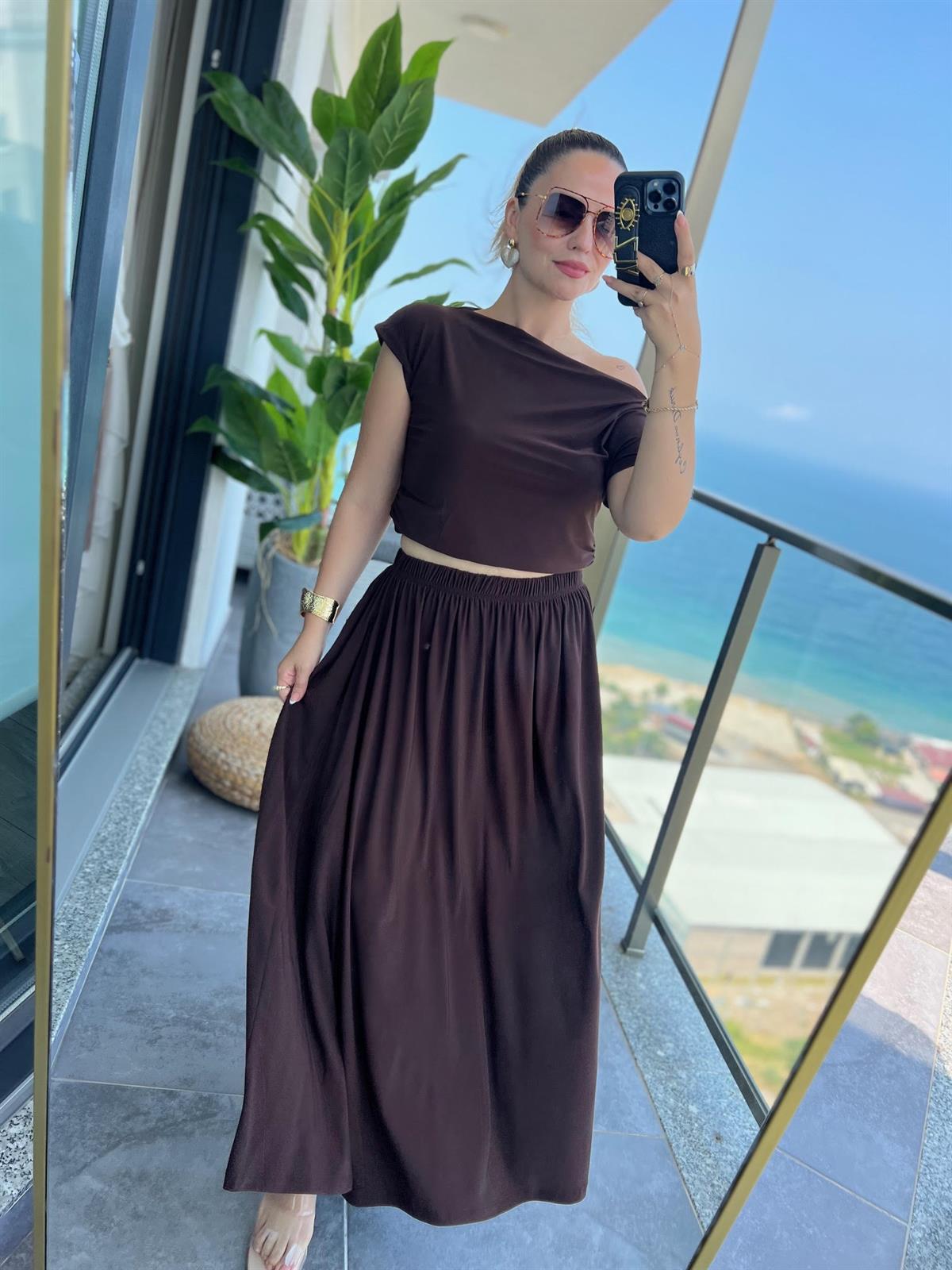 279118 Sandy Kumaş Etekli Takım KAHVE