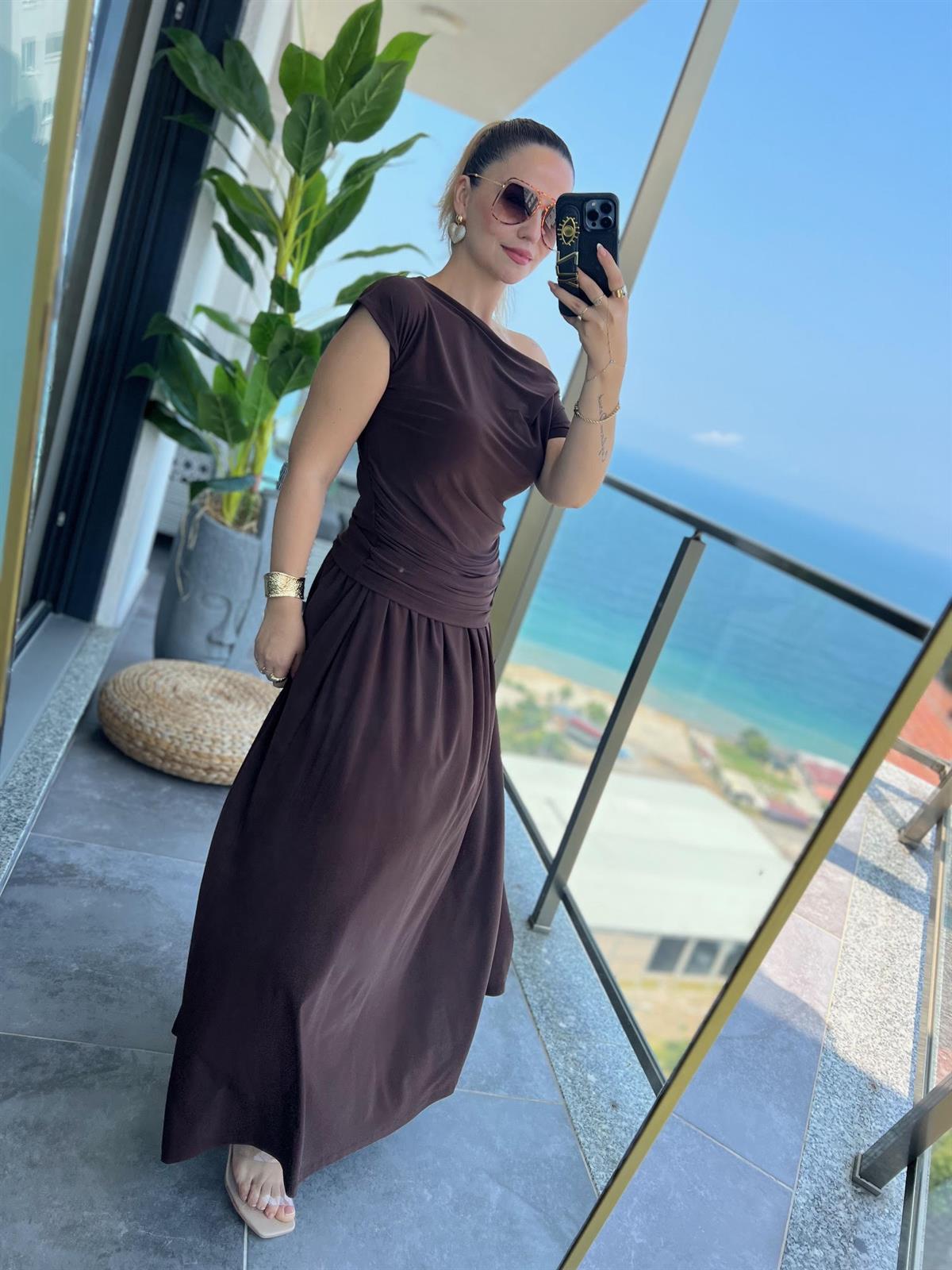 279118 Sandy Kumaş Etekli Takım KAHVE