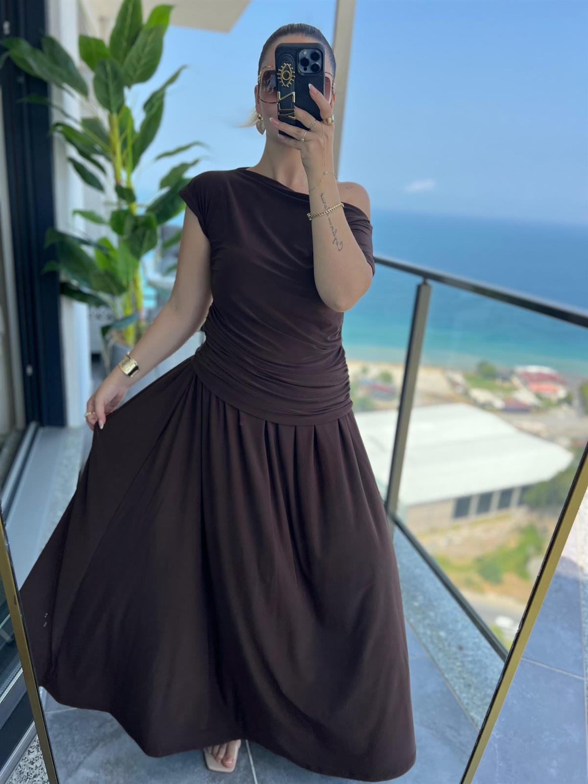 279118 Sandy Kumaş Etekli Takım KAHVE