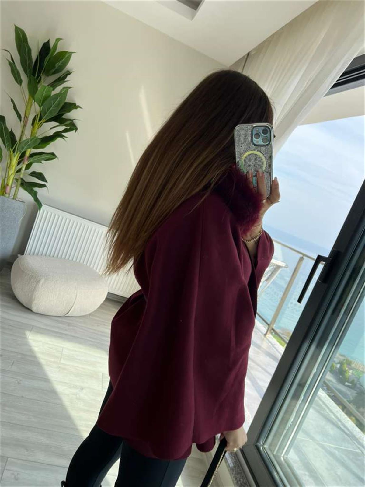 2805 Peluş Yaka Kemerli Panço BORDO