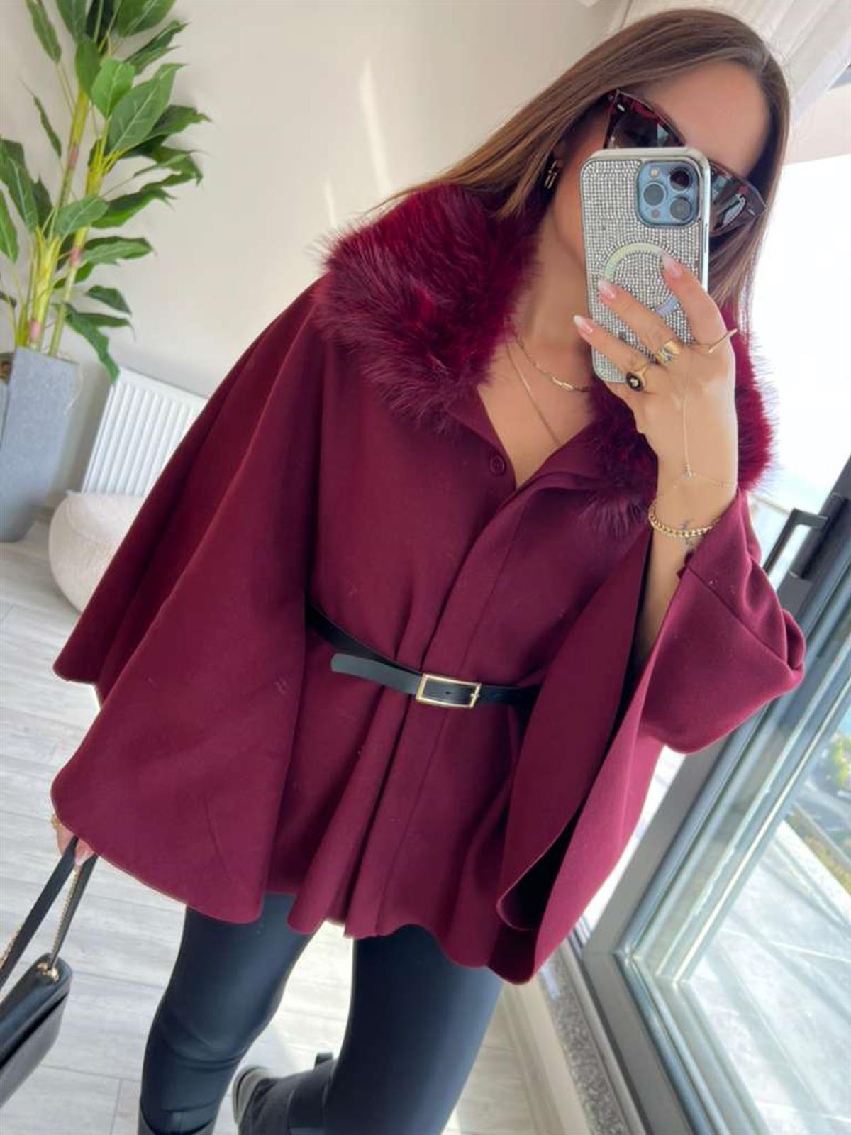 2805 Peluş Yaka Kemerli Panço BORDO