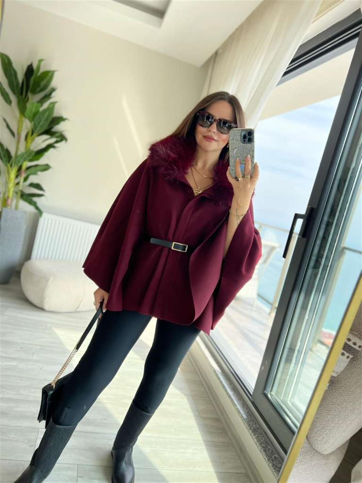 2805 Peluş Yaka Kemerli Panço BORDO