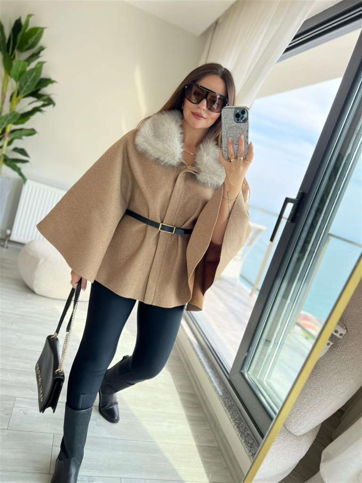 2805 Peluş Yaka Kemerli Panço CAMEL