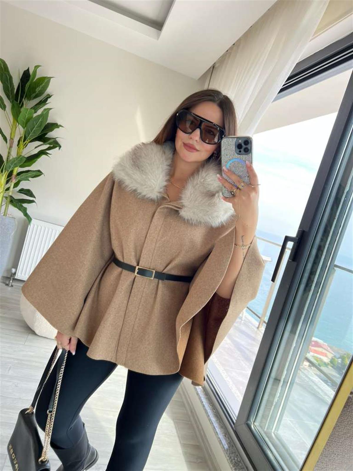 2805 Peluş Yaka Kemerli Panço CAMEL