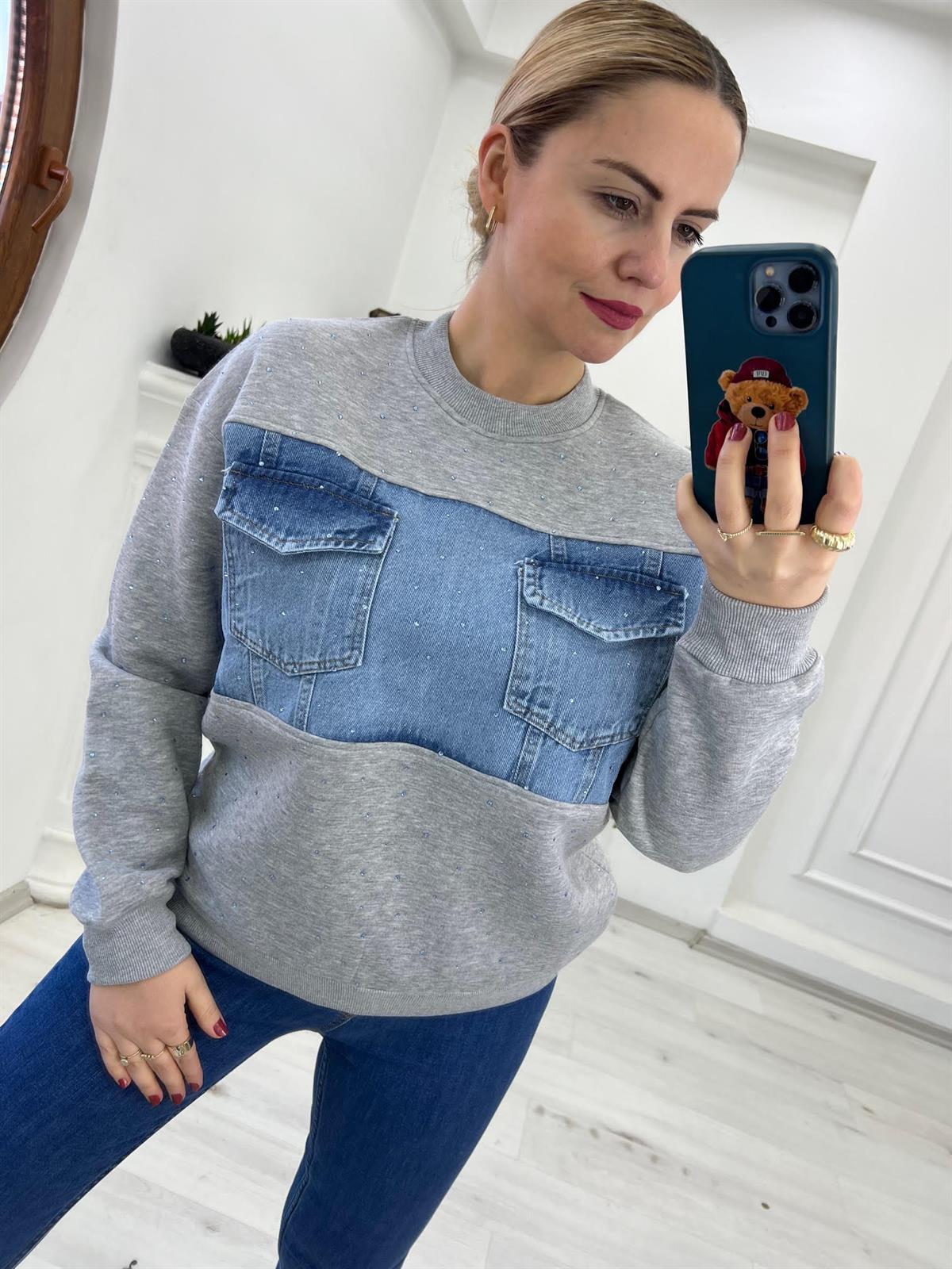 2824  Önü Jean Çizgili Sweat GRİ