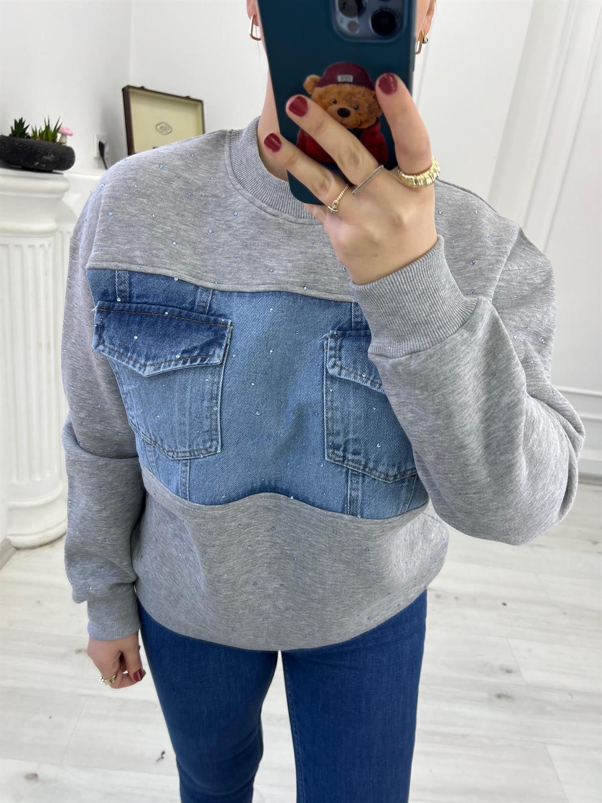 2824  Önü Jean Çizgili Sweat GRİ