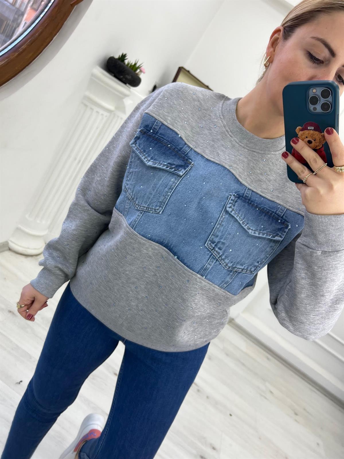 2824  Önü Jean Çizgili Sweat GRİ