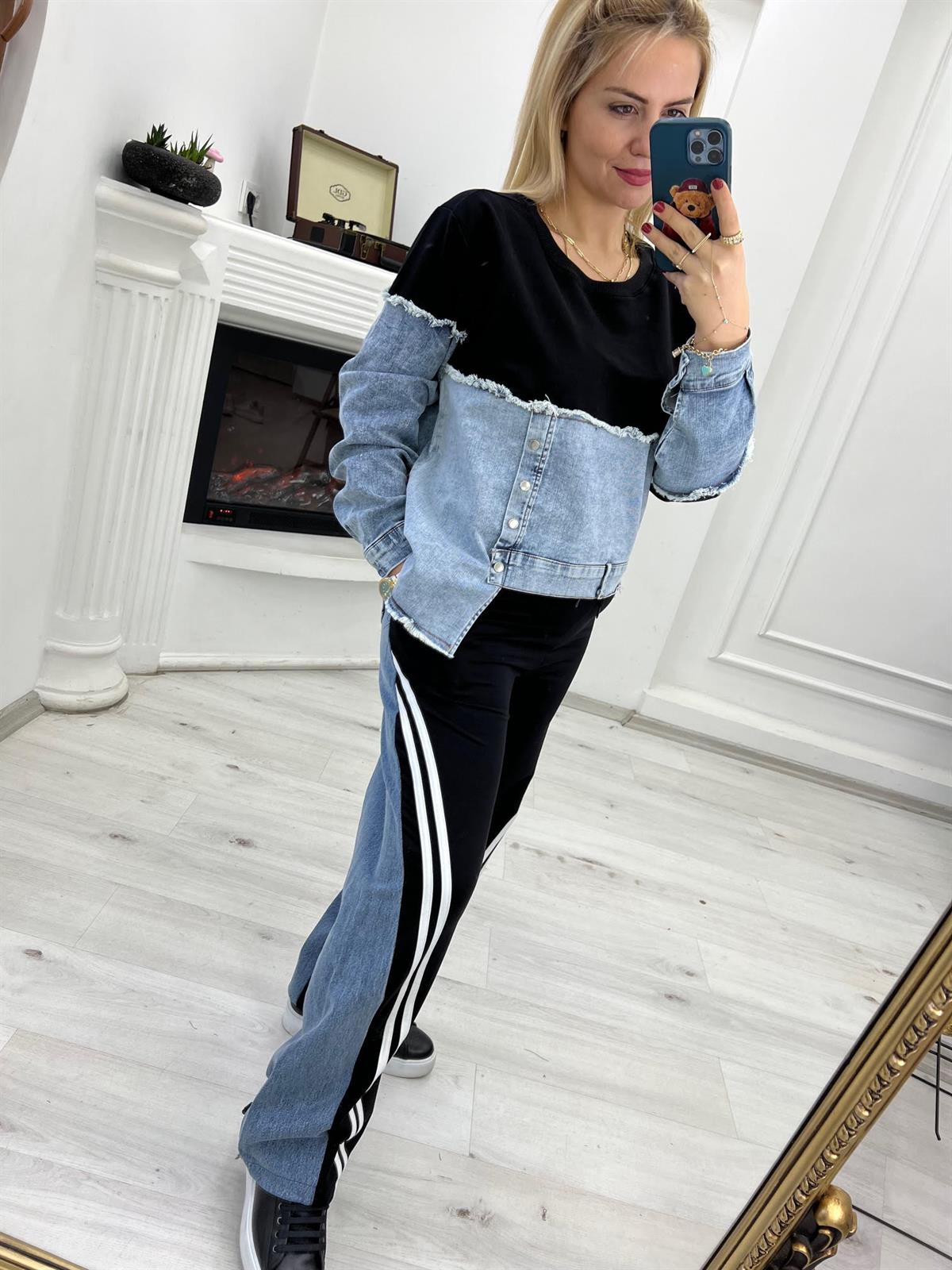 28262 Jean Detay Şeritli Pantolon SİYAH