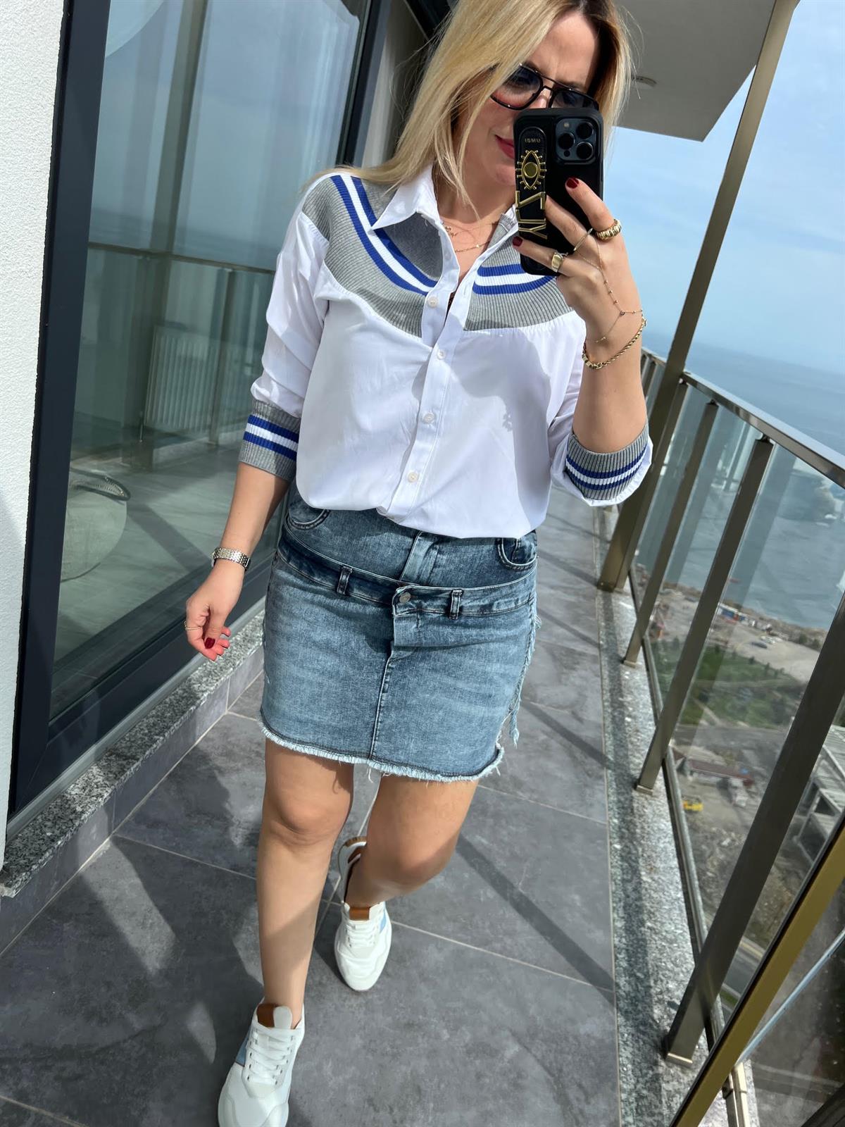 28266 Çift Bel Detay Etek MAVİ