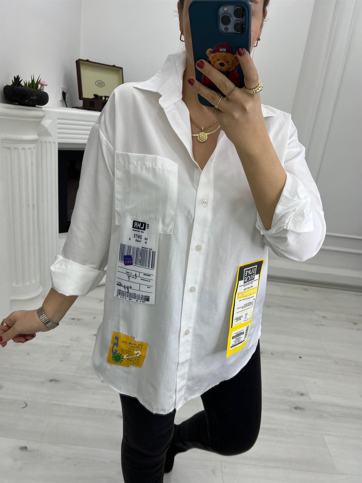 28319 Etiket Detay Poplin Gömlek BEYAZ