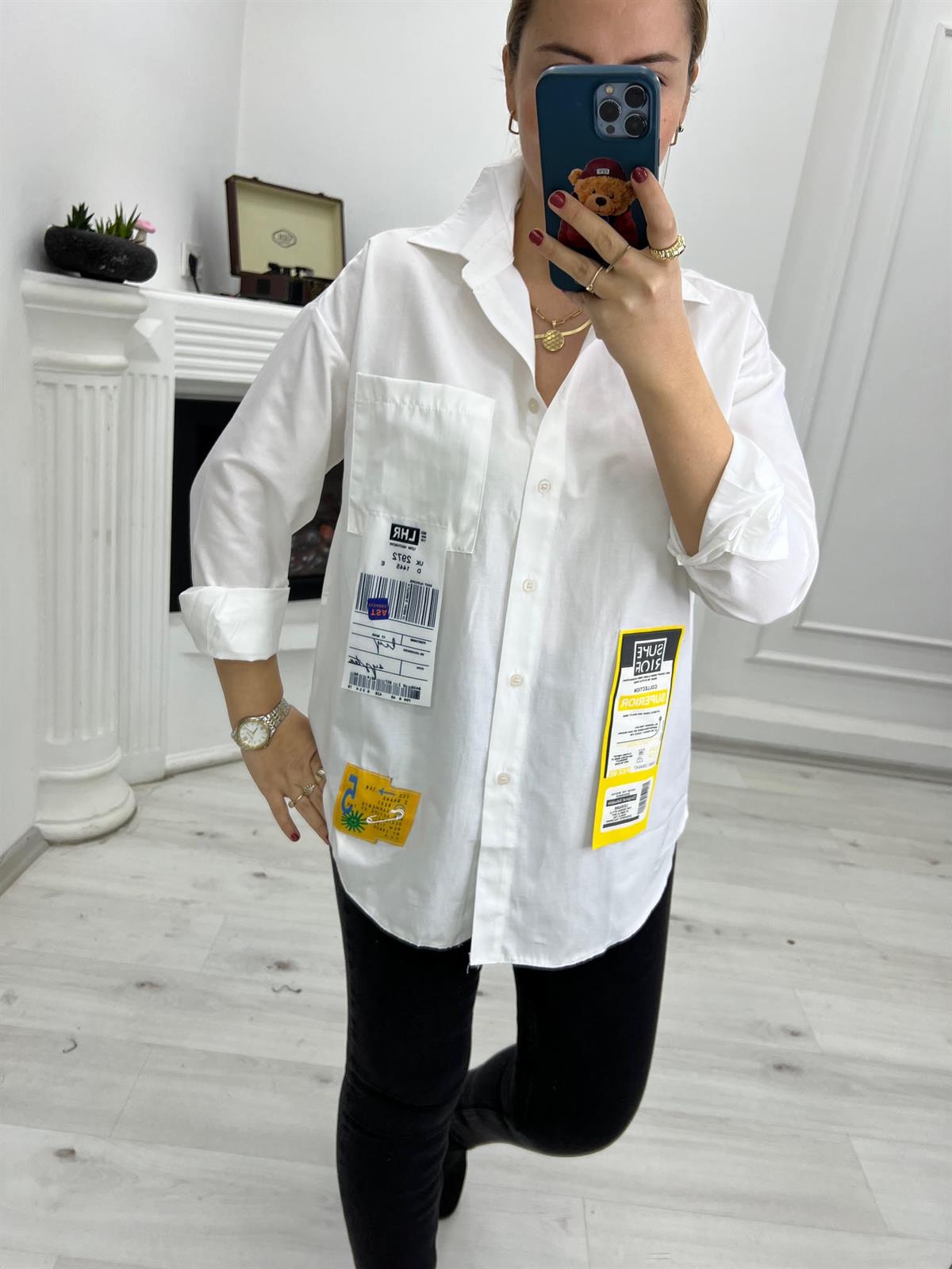 28319 Etiket Detay Poplin Gömlek BEYAZ