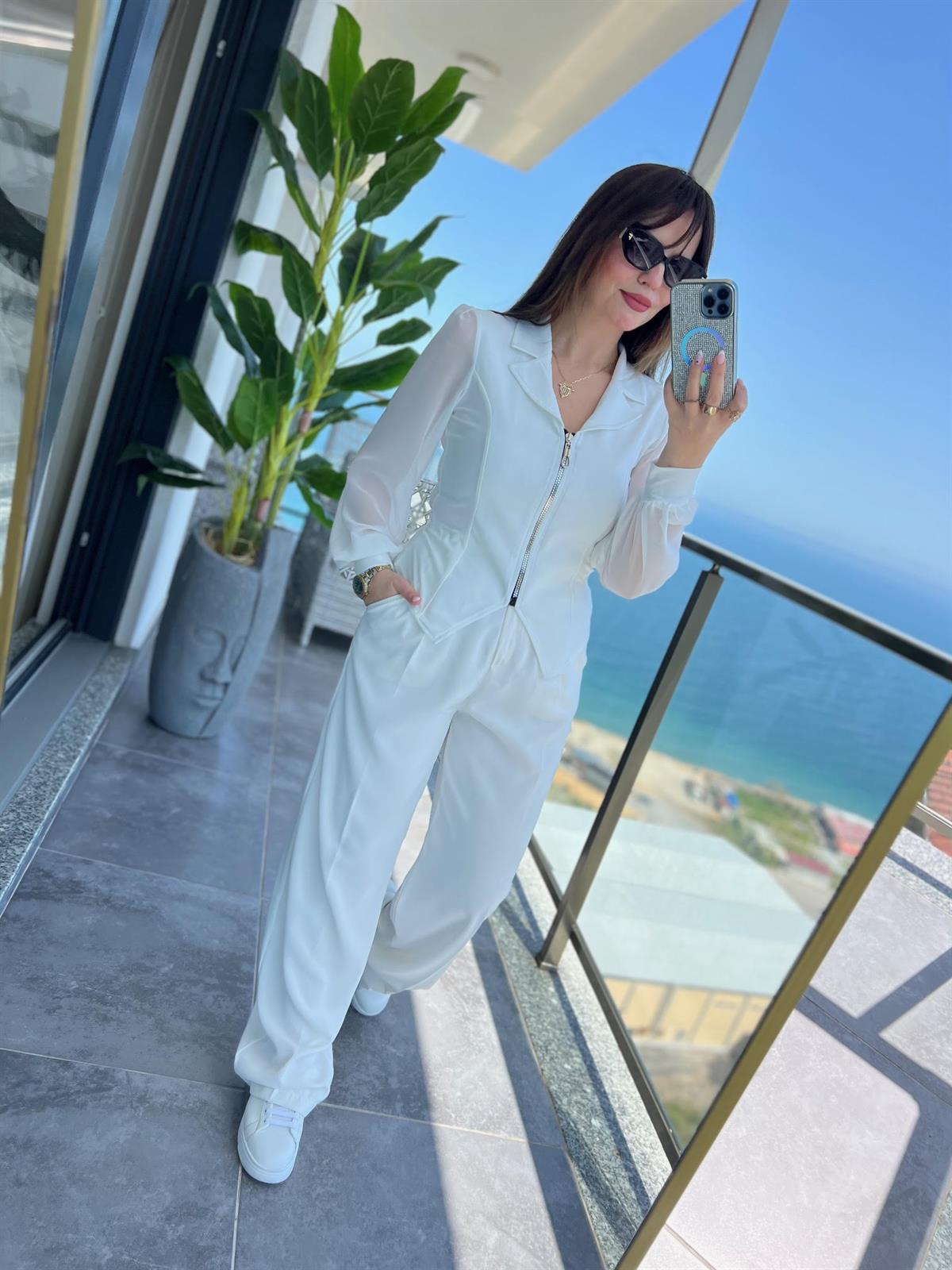 2841 Fermuarlı Bluz BEYAZ