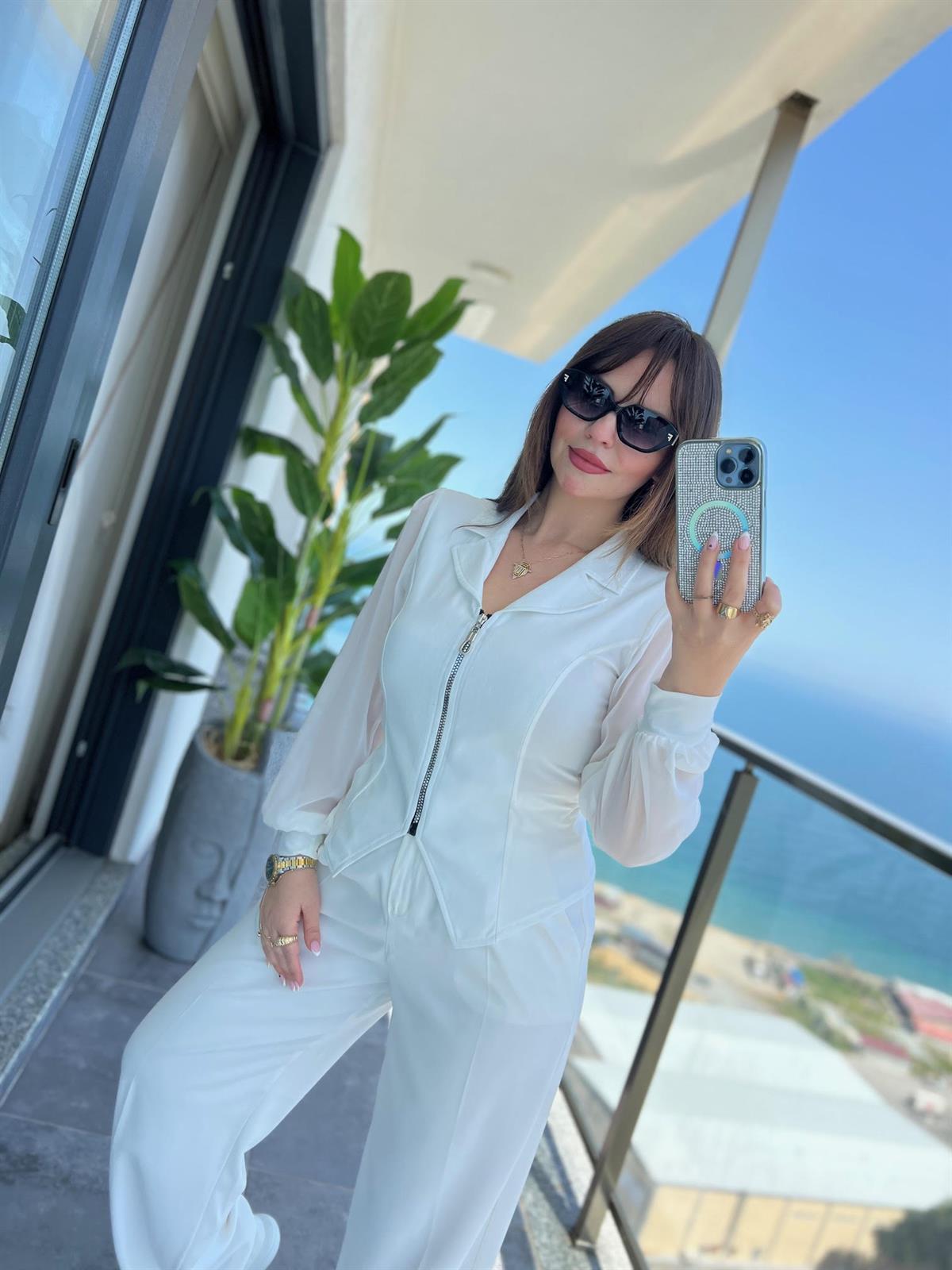 2841 Fermuarlı Bluz BEYAZ