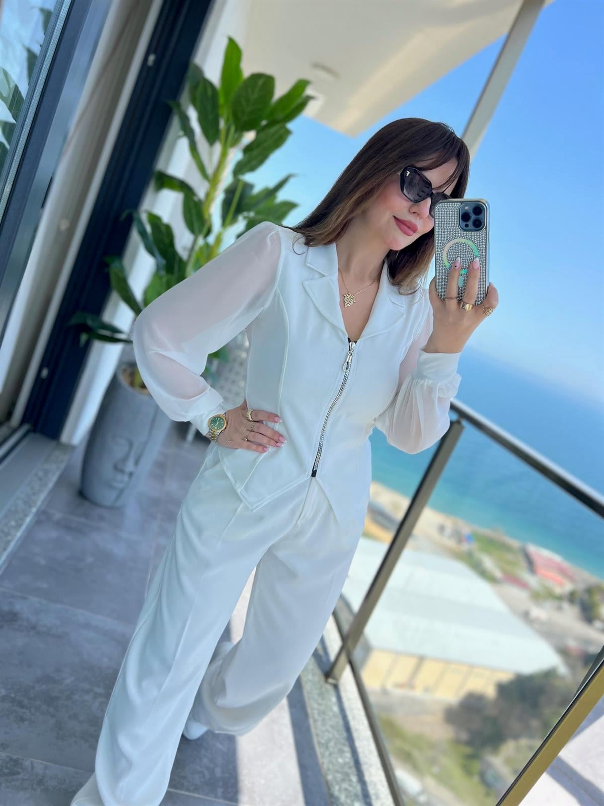 2841 Fermuarlı Bluz BEYAZ