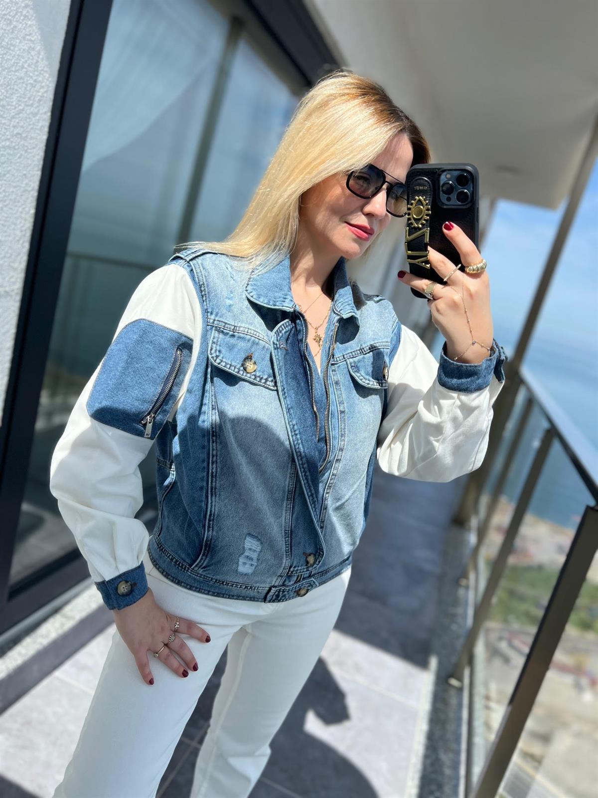 28424 Kolu Cepli Kot Ceket MAVİ