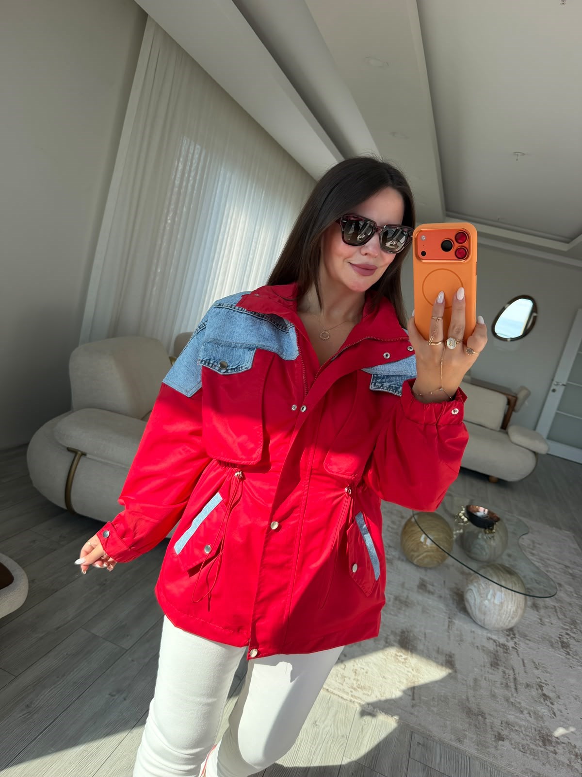 2848 Denim Mıx Uzun Yağmurluk KIRMIZI