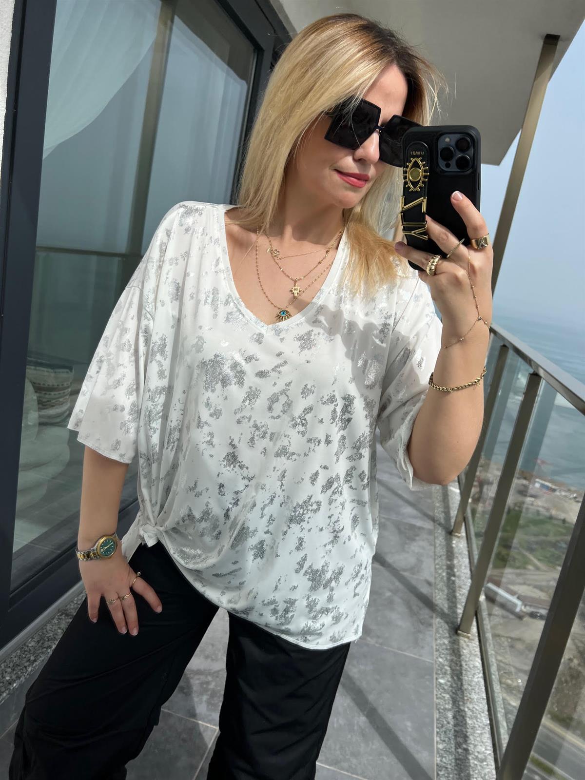 28500 Gümüş Varaklı Tshirt EKRU