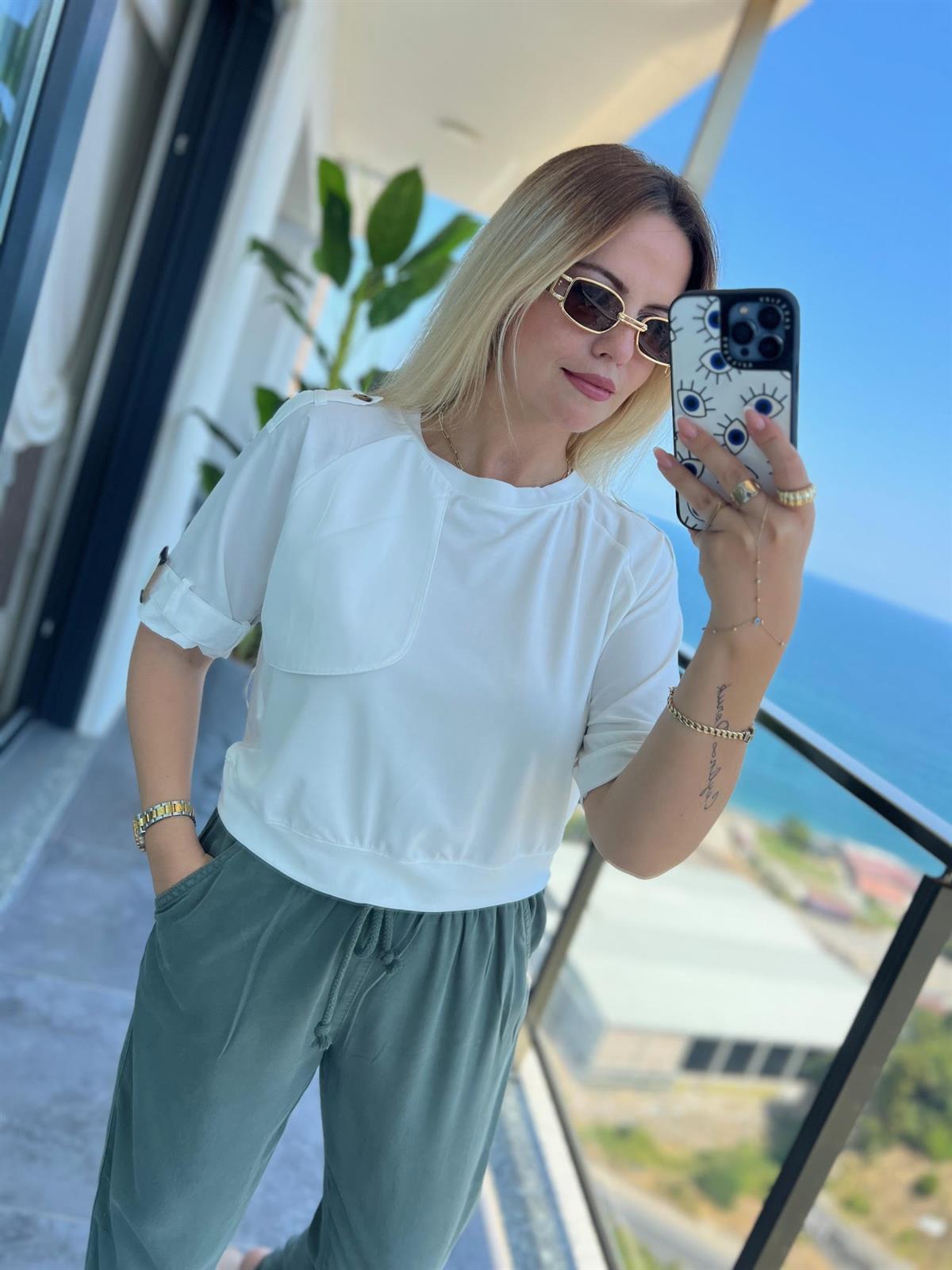28503 Paraşüt Detay Kısa Tshirt BEYAZ