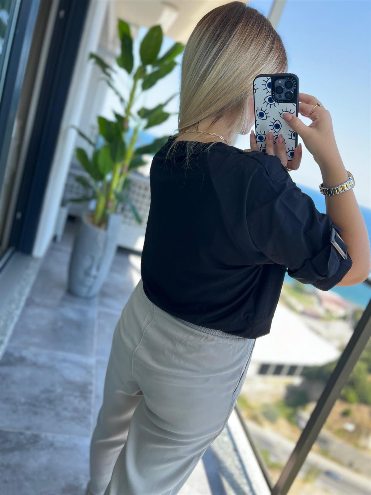 28503 Paraşüt Detay Kısa Tshirt SİYAH