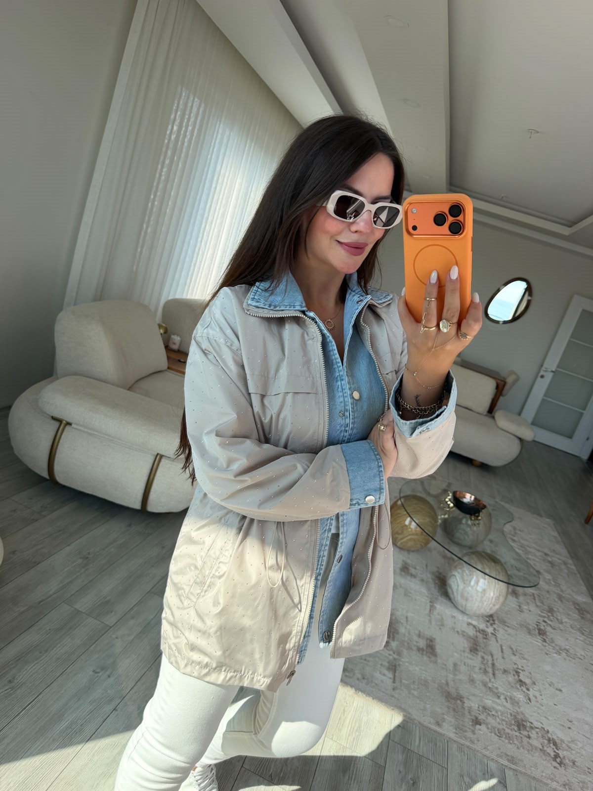 2884 Taşlı Denim Ceket BEJ