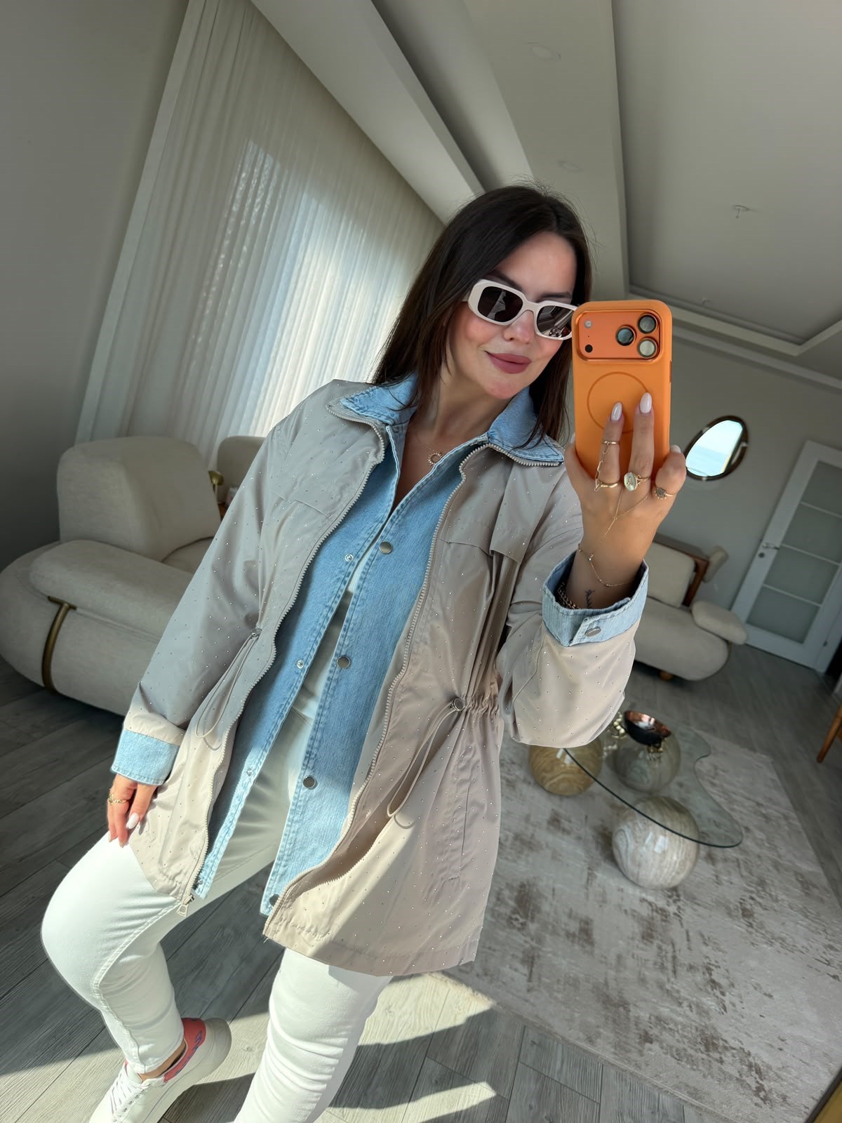2884 Taşlı Denim Ceket BEJ