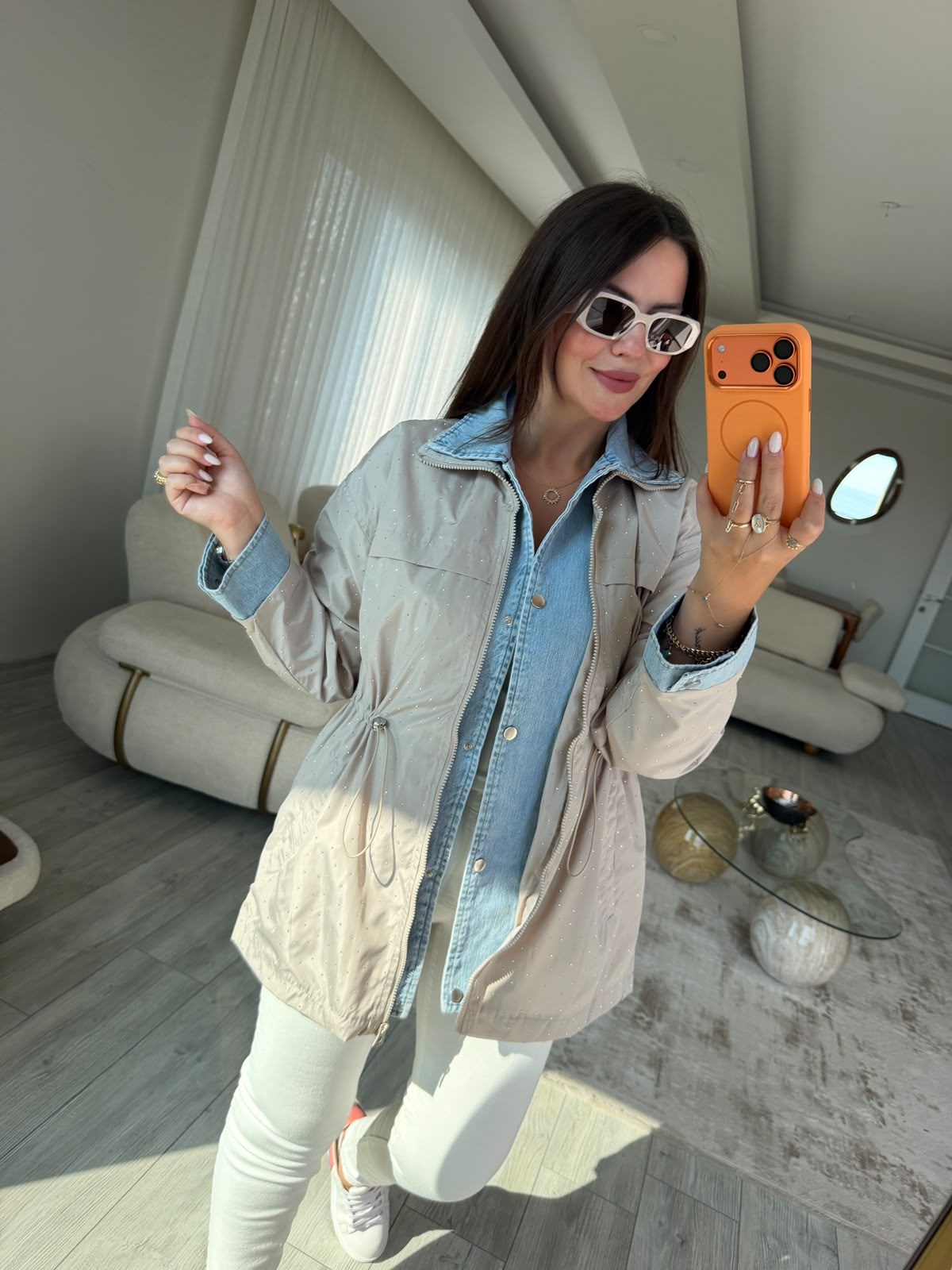 2884 Taşlı Denim Ceket BEJ