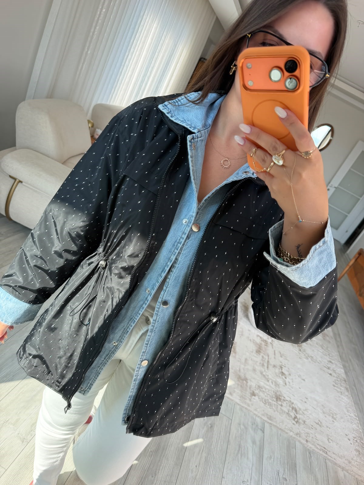 2884 Taşlı Denim Ceket SİYAH
