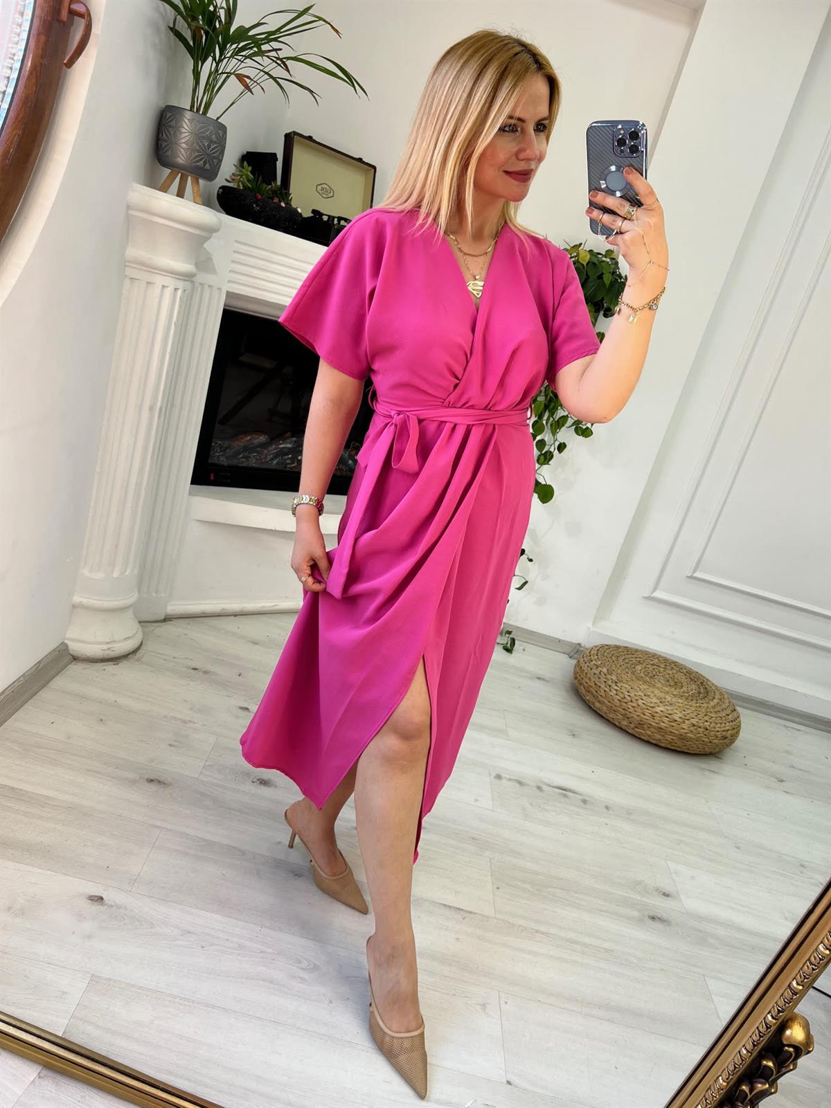 2930 Bel Detaylı Yarasa Elbise PEMBE