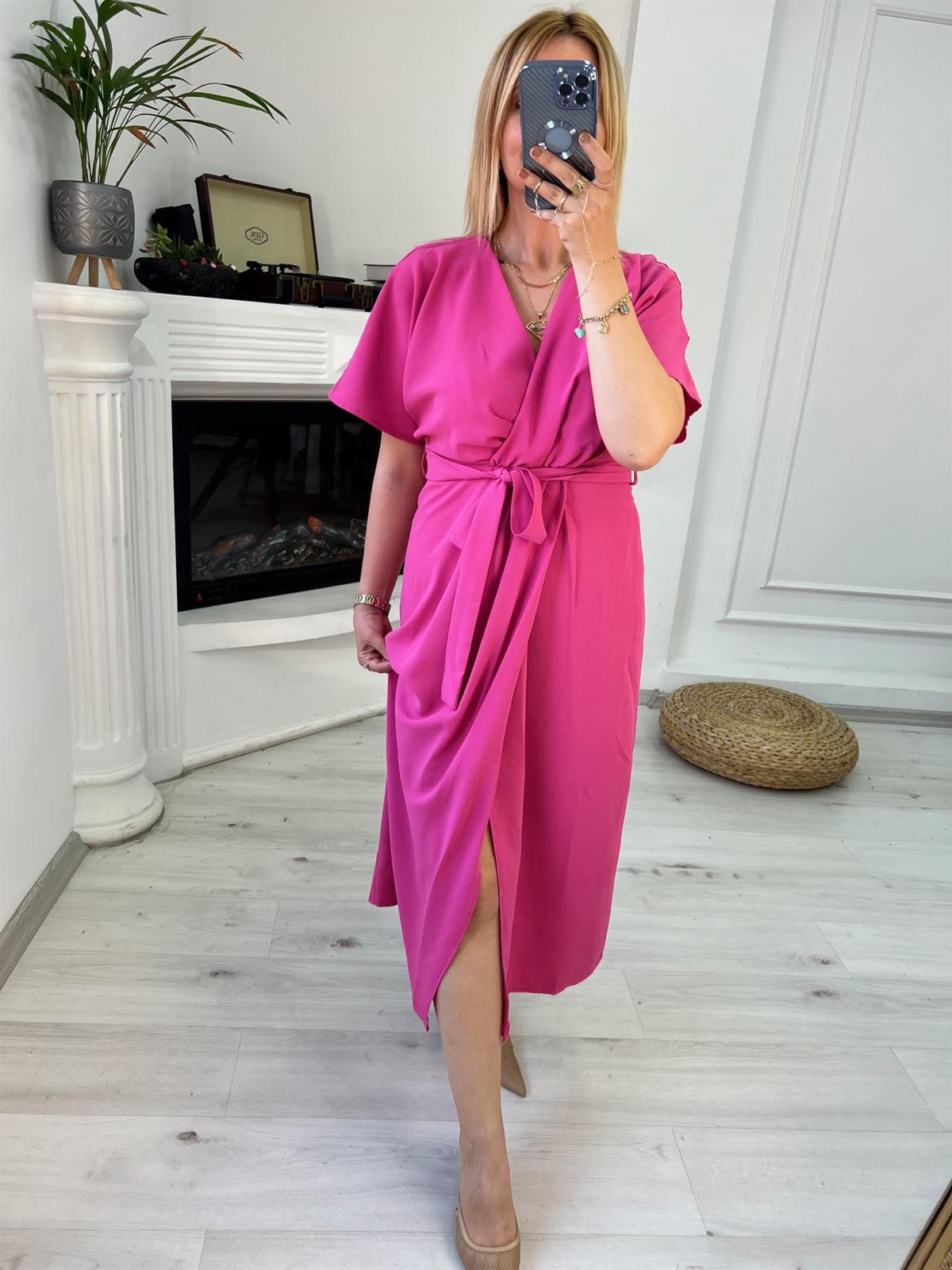 2930 Bel Detaylı Yarasa Elbise PEMBE