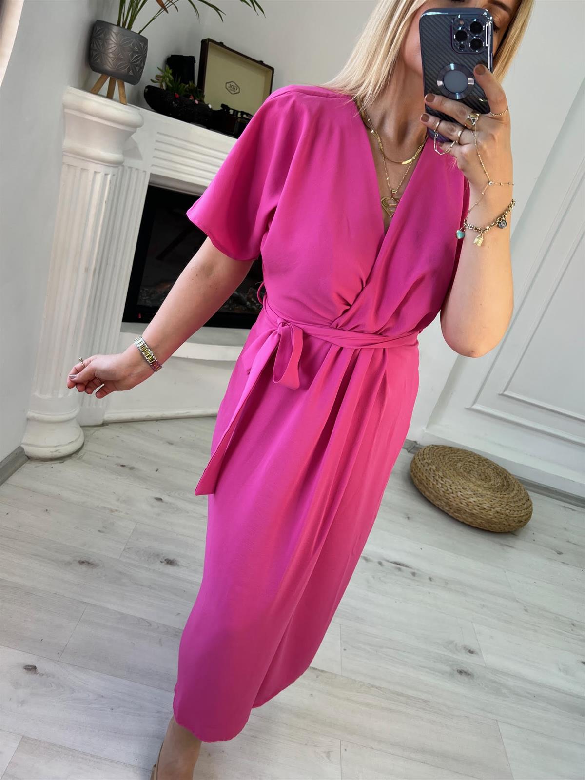 2930 Bel Detaylı Yarasa Elbise PEMBE