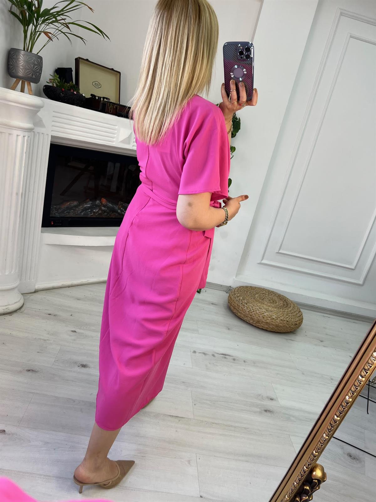 2930 Bel Detaylı Yarasa Elbise PEMBE