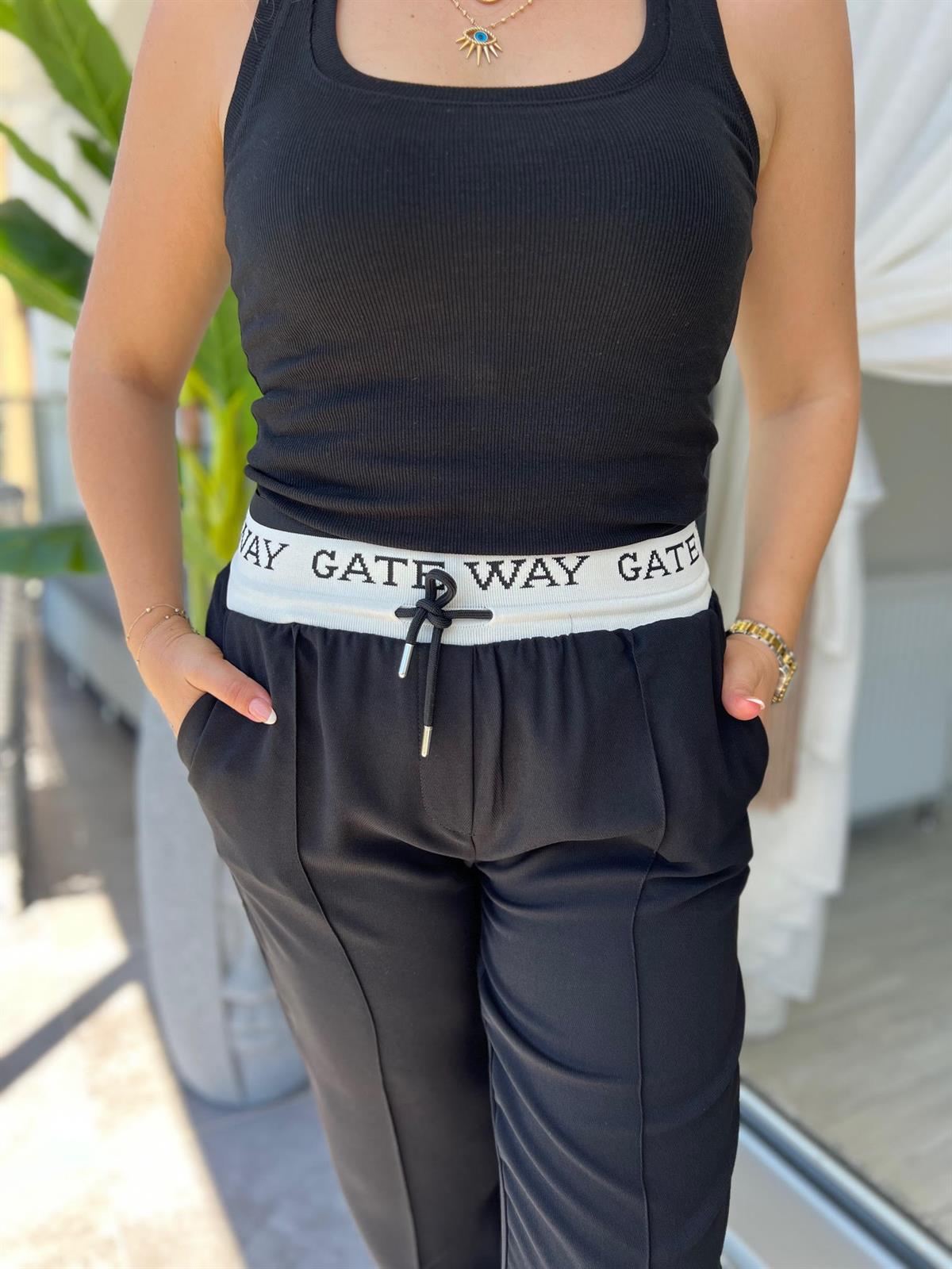 2935 Beli Lastikli Yazılı Pantalon SİYAH
