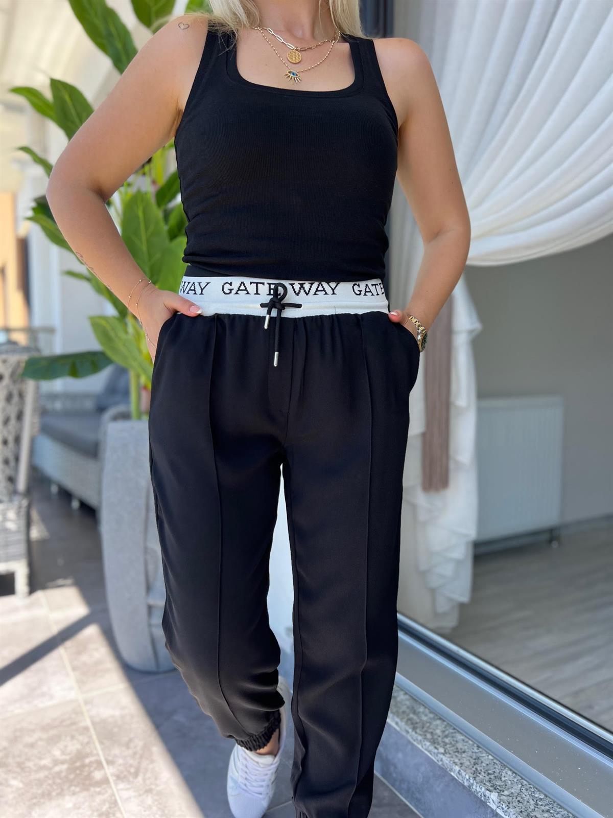 2935 Beli Lastikli Yazılı Pantalon SİYAH