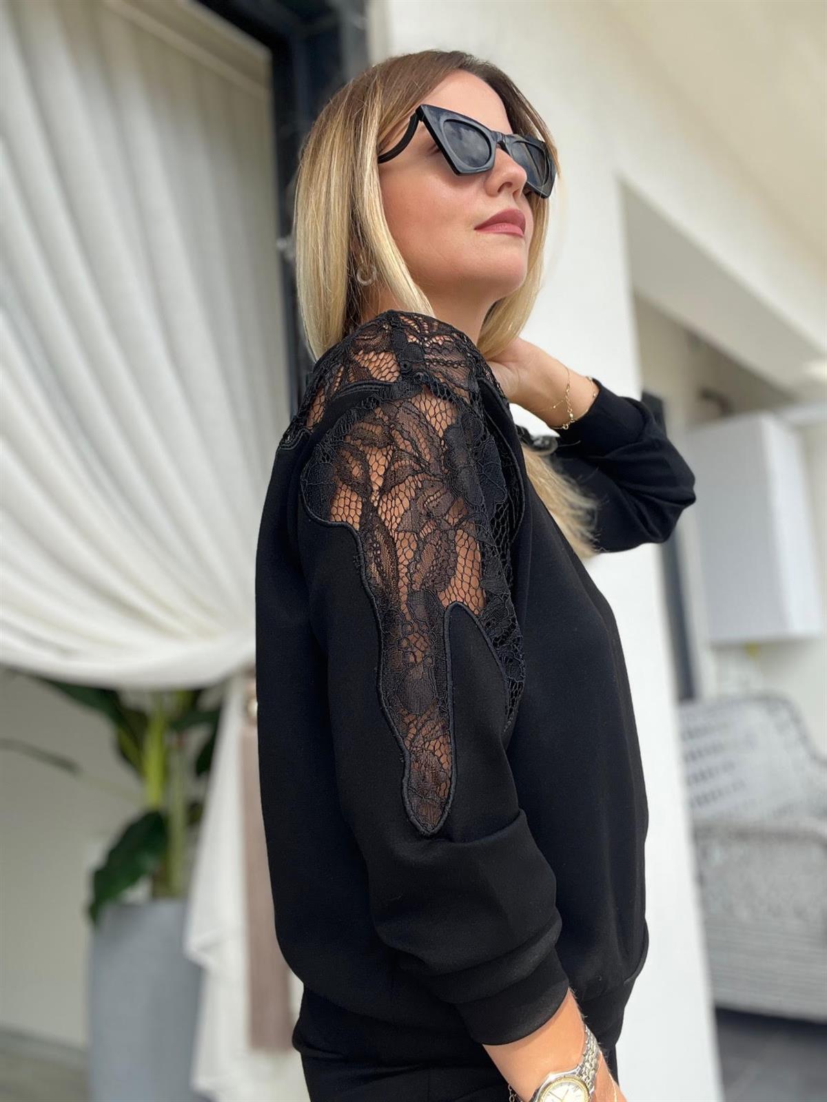 2964 Omuz Dantel Detay Sweat SİYAH