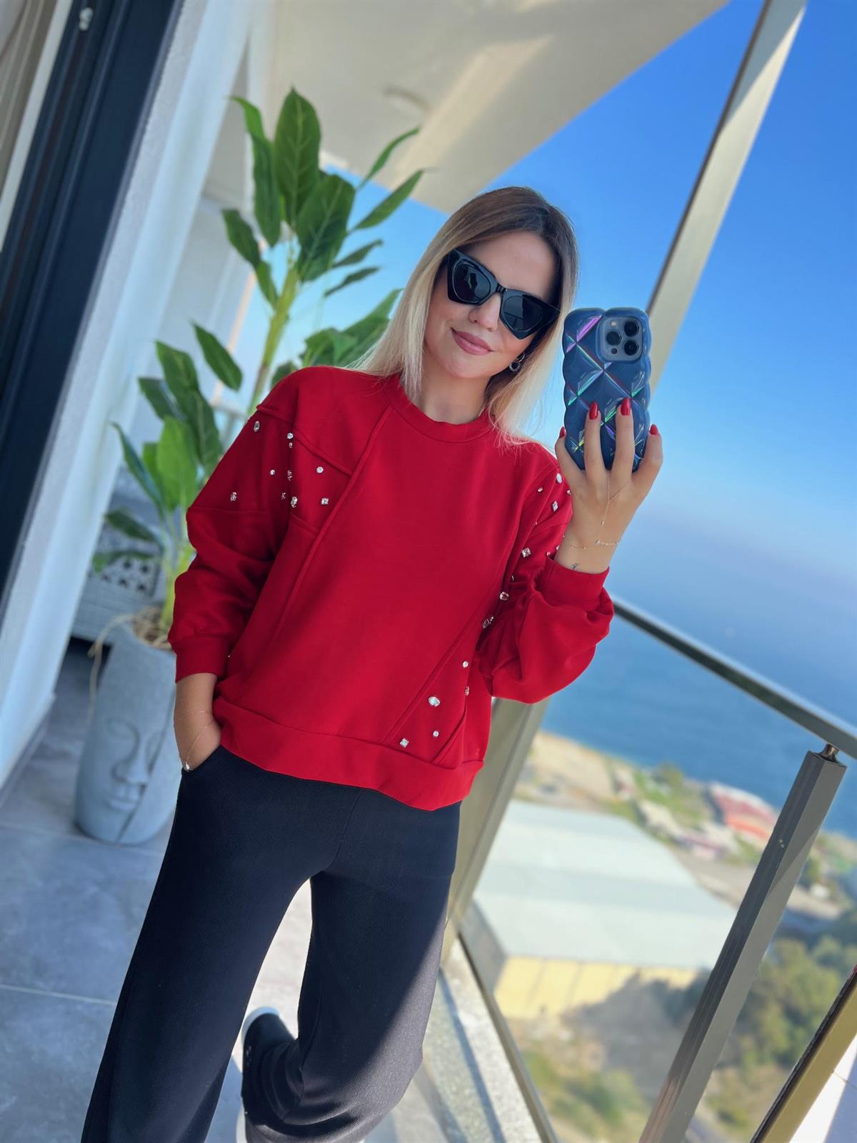 2965 Taş Detaylı Sweat KIRMIZI