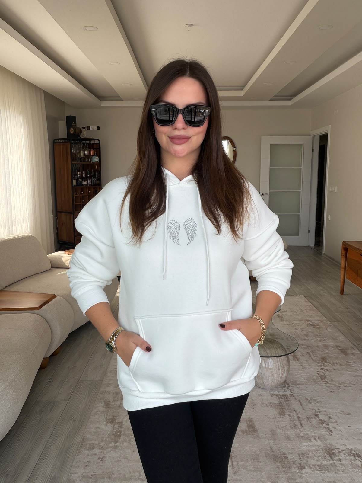 3004 Kanat Taş Kapşonlu Sweat EKRU