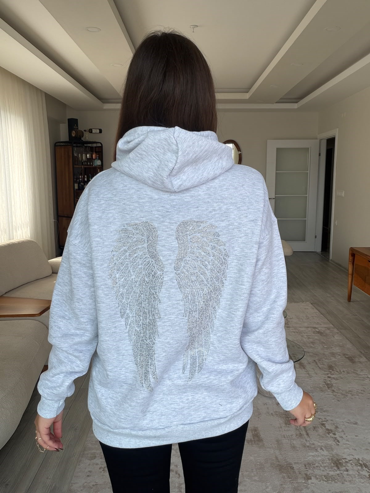 3004 Kanat Taş Kapşonlu Sweat GRİ