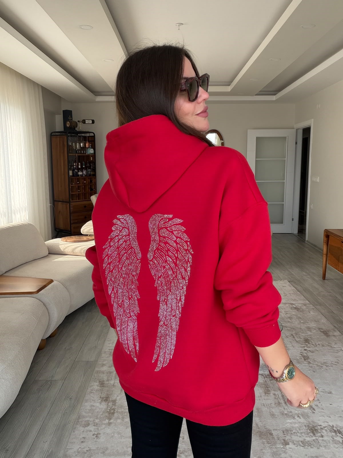 3004 Kanat Taş Kapşonlu Sweat KIRMIZI