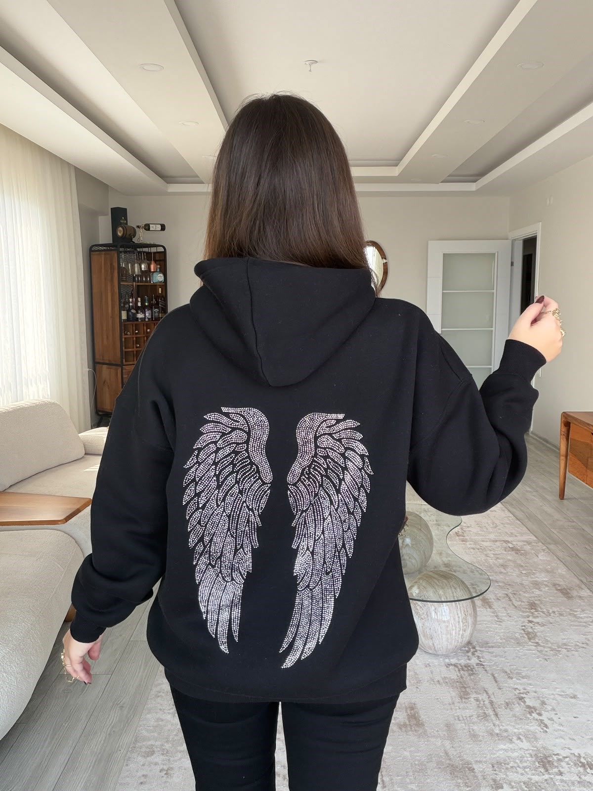 3004 Kanat Taş Kapşonlu Sweat SİYAH