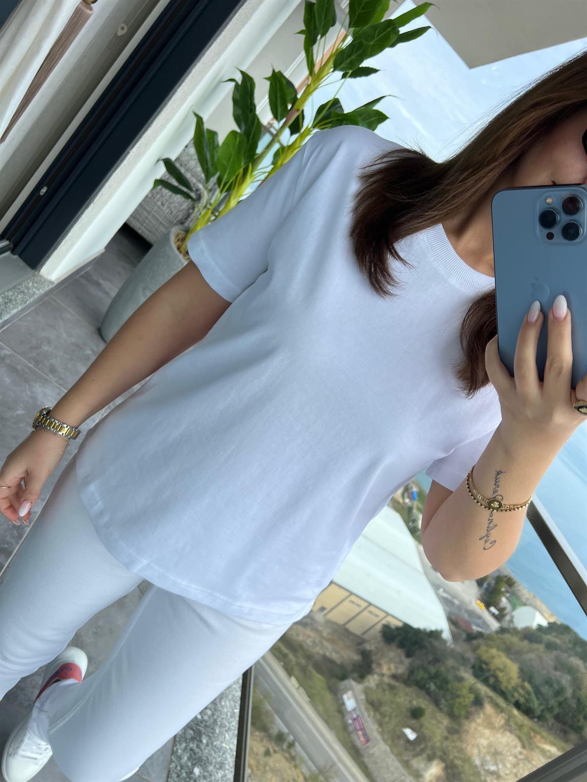 30312 Dekoratif Dikişli Tshirt BEYAZ