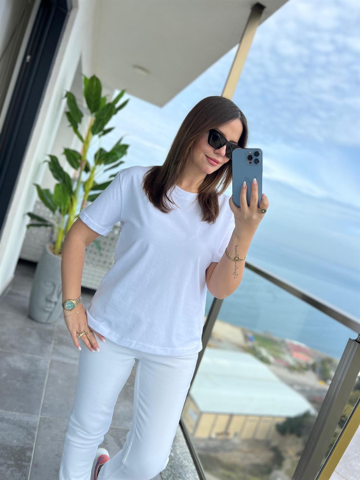 30312 Dekoratif Dikişli Tshirt BEYAZ