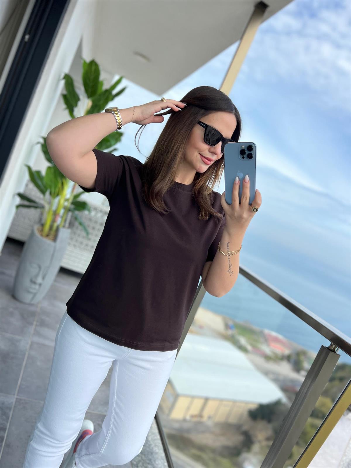 30312 Dekoratif Dikişli Tshirt KAHVE