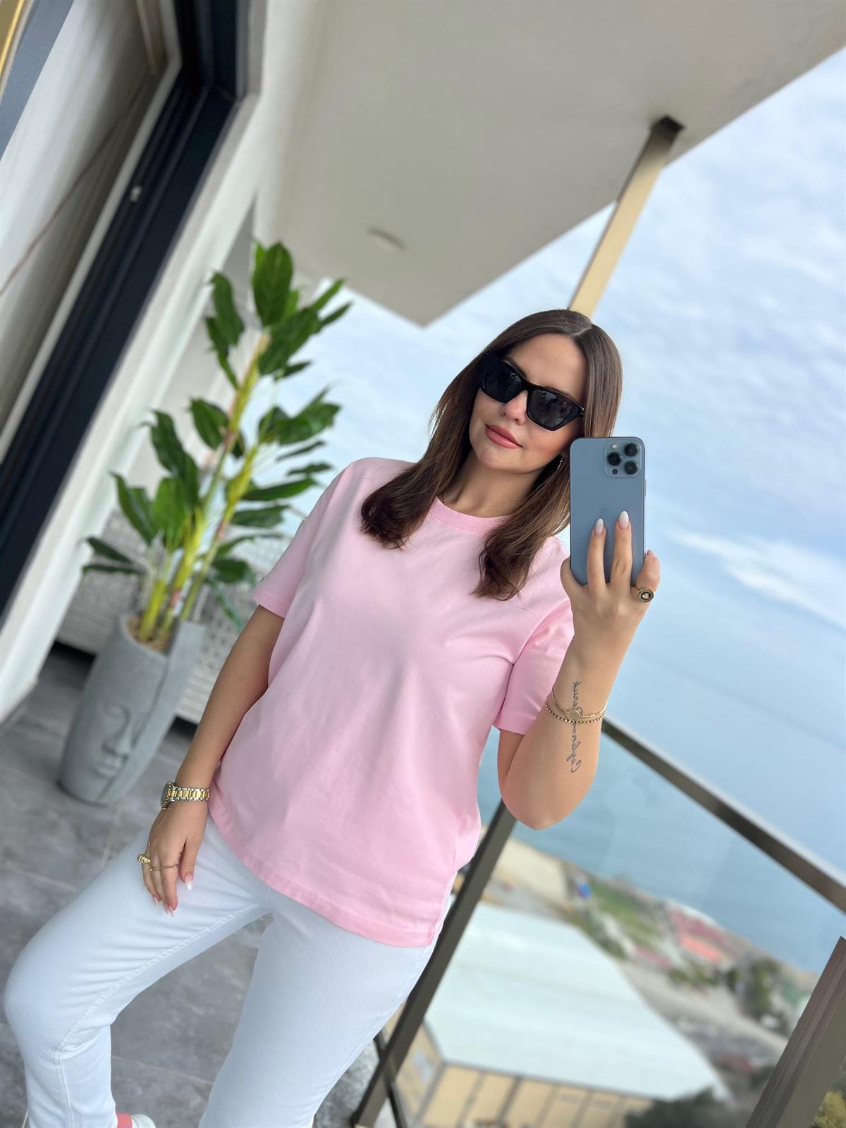 30312 Dekoratif Dikişli Tshirt PEMBE
