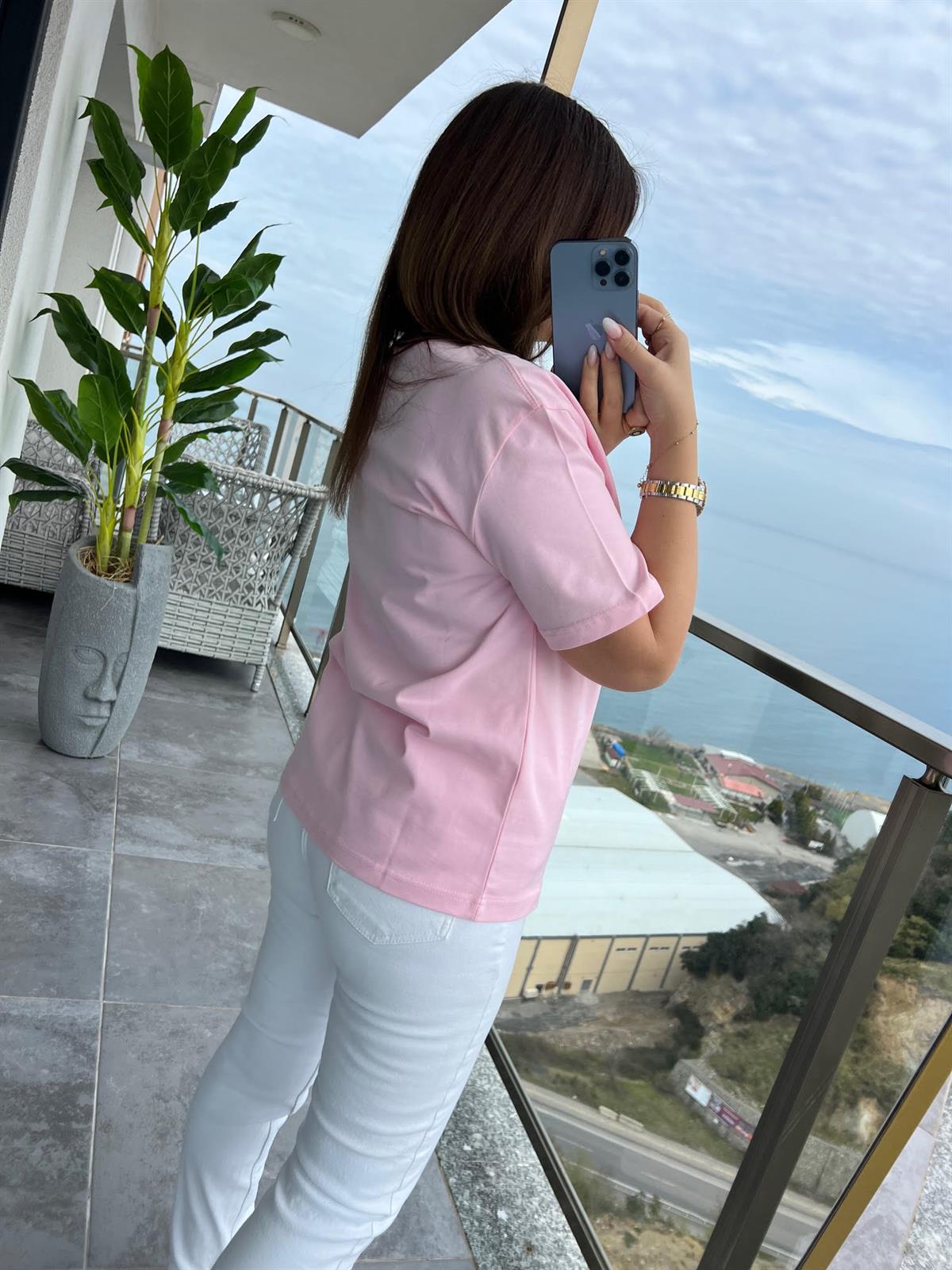 30312 Dekoratif Dikişli Tshirt PEMBE