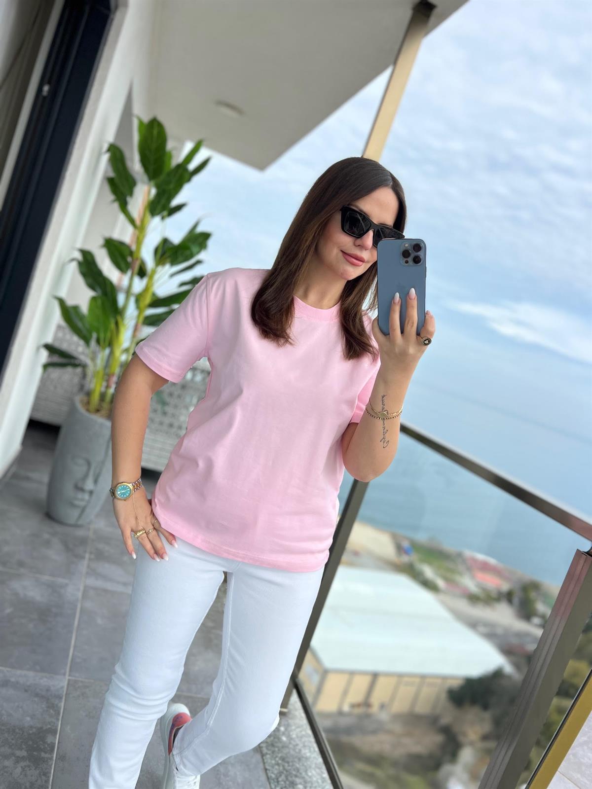 30312 Dekoratif Dikişli Tshirt PEMBE