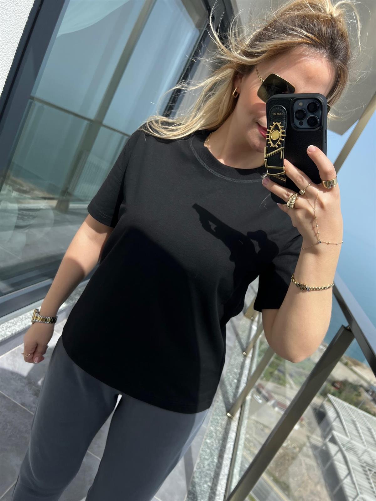 30312 Dekoratif Dikişli Tshirt SİYAH