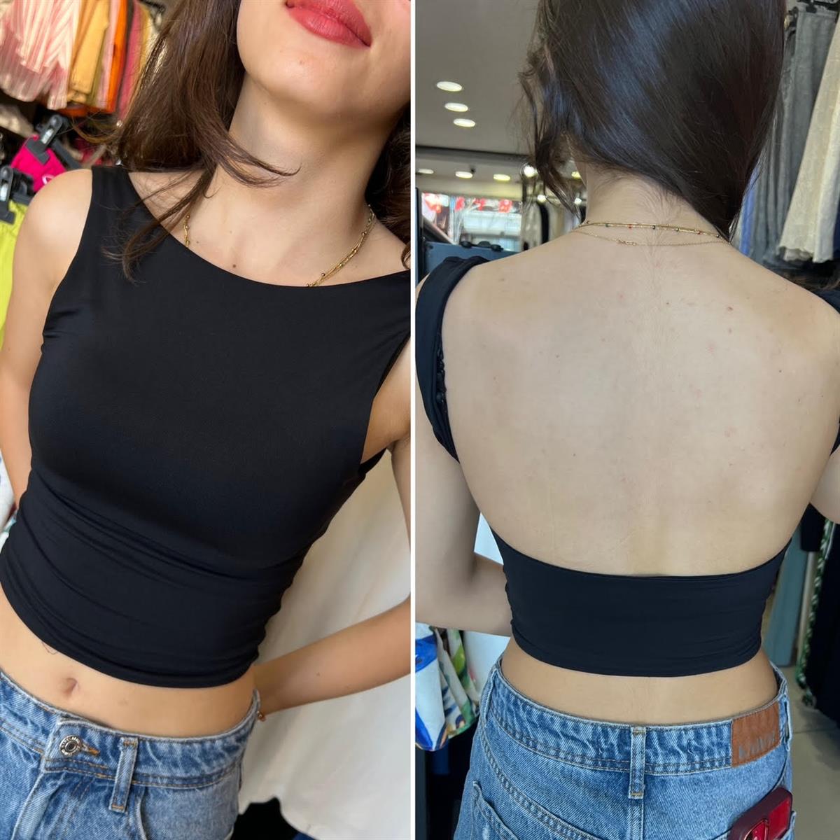30673 Sırt Dekolte Crop SİYAH